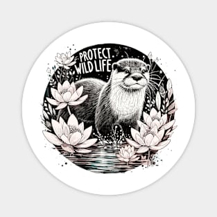 Protect Wildlife - Otter and water lilies Magnet